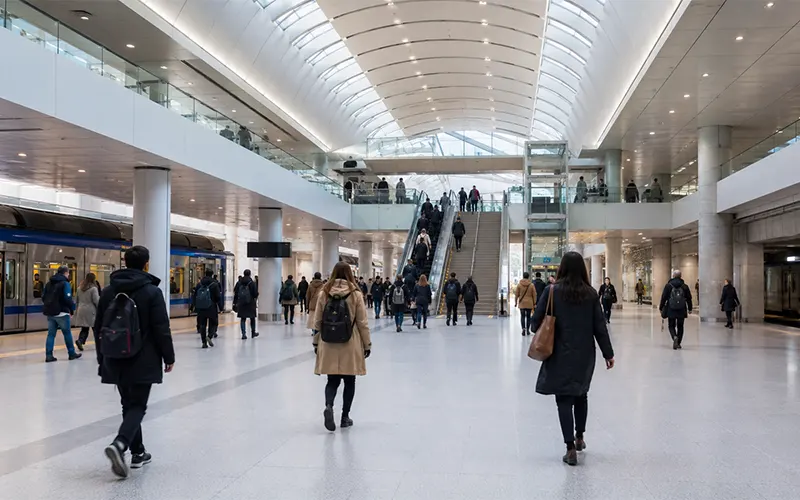 Stark frequentierte Verteilerebene einer Station im Schienenverkehr mit Fahrgästen, zur Darstellung von Luftfiltration, Staubkontrolle und PM2,5-Management in öffentlichen Innenbereichen.