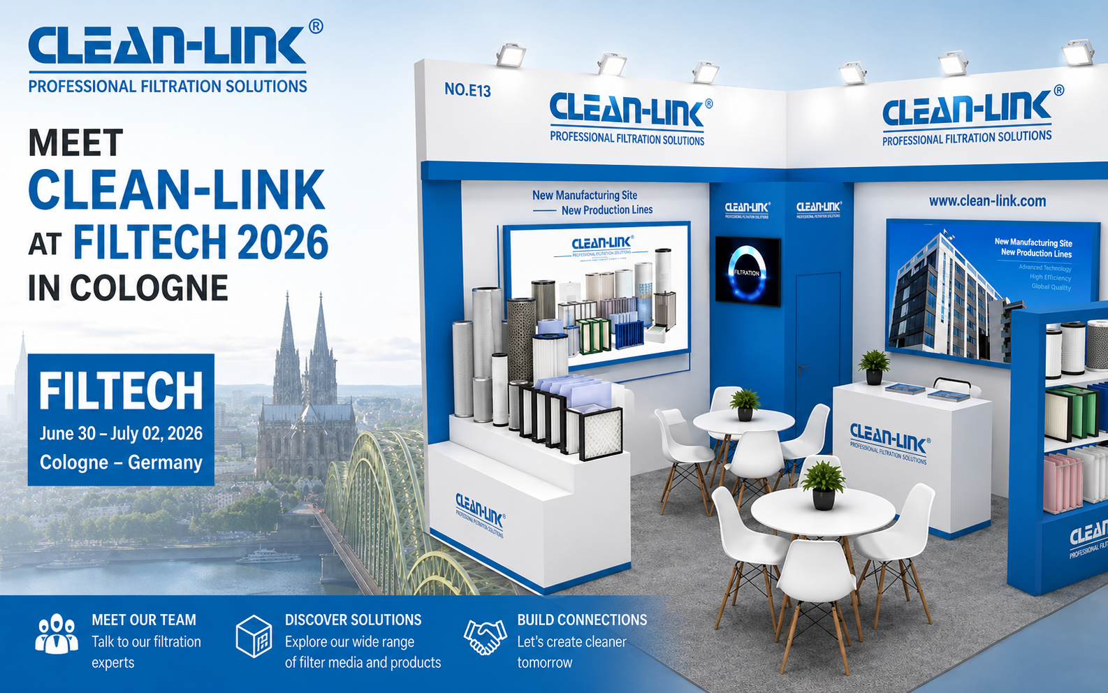 Clean-Link auf der FILTECH 2026 in Köln vom 30. Juni bis 2. Juli 2026, Halle 8, Stand E13
