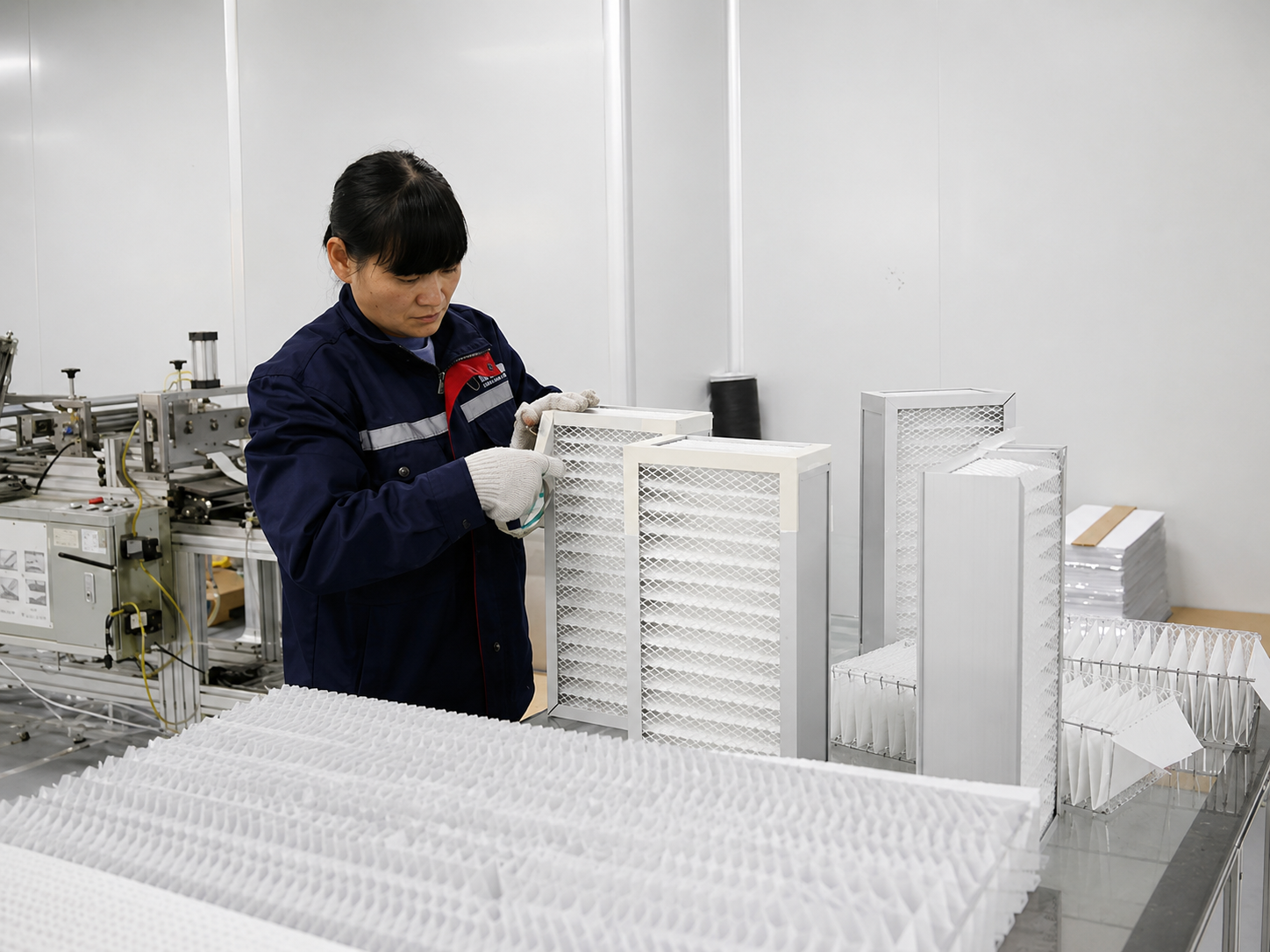 Mitarbeiterin bei der präzisen HEPA-Filter-Produktion für kritische Anwendungen