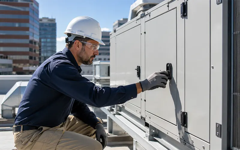 HLK-Techniker prüft eine Lüftungsanlage auf dem Dach zur Planung des Luftfilterwechsels nach Druckverlust.