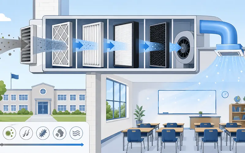 Illustration eines Luftfiltrationssystems für Schulen mit mehrstufiger Filtration, HLK-Luftführung und sauberer Zuluft im Klassenzimmer.