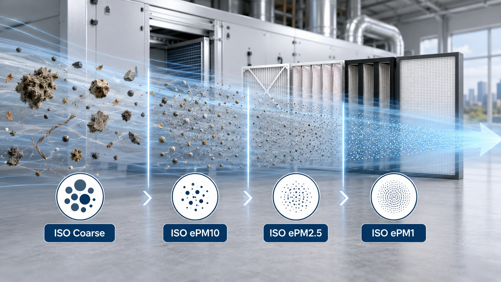 ISO 16890 Partikelgruppen für HLK-Luftfilter mit ISO Coarse, ISO ePM10, ISO ePM2,5 und ISO ePM1.