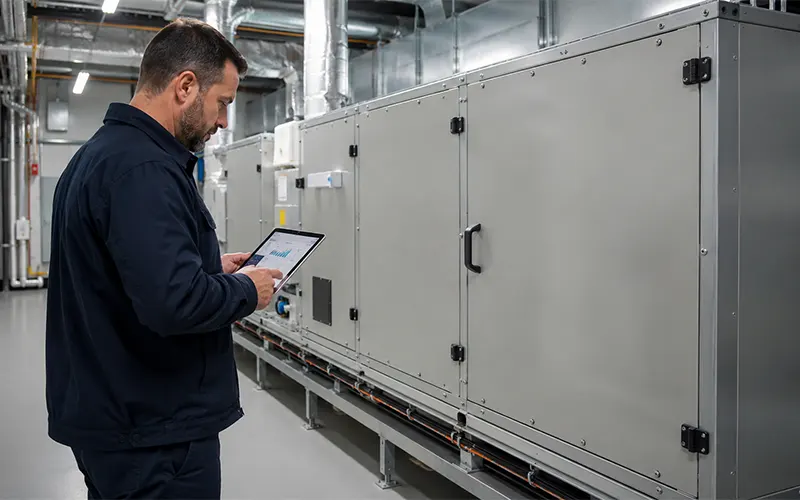 Facility Manager überprüft Wartungsdaten an einem HLK-System, um den Luftfilterwechsel nach Druckverlust zu planen.