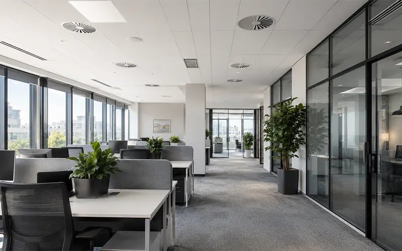 Moderne Bürofläche mit HLK-Lüftungssystemen zur Luftfiltration für Bürogebäude
