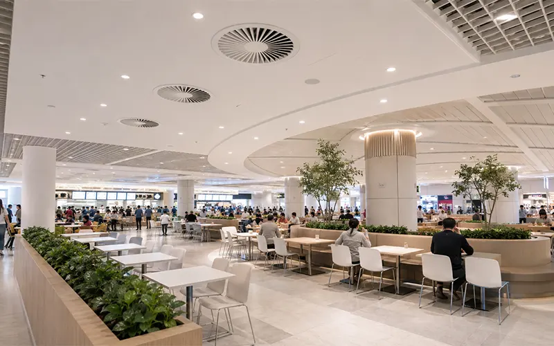 Luftfiltration und HLK-Luftführung in einem Food Court eines stark frequentierten Einkaufszentrums.