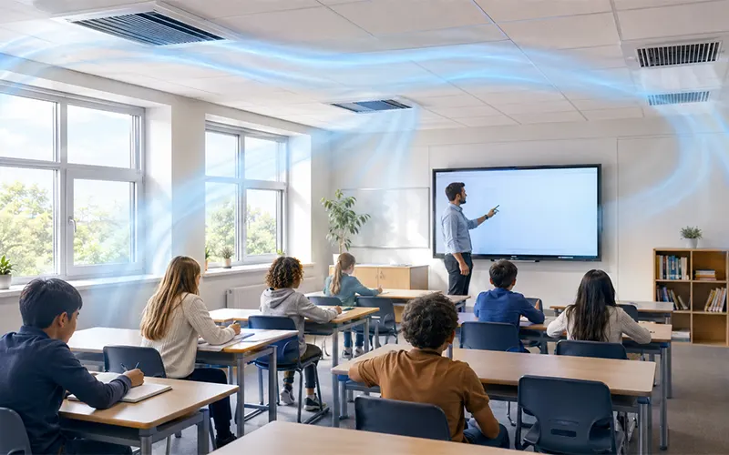Luftfiltration in einem modernen Klassenzimmer mit HLK-Luftauslässen und sauberer Luftführung.