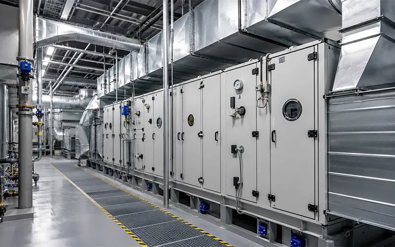 Sauberer gewerblicher HLK-Technikraum mit Lüftungsanlagen für geringen Druckverlust.