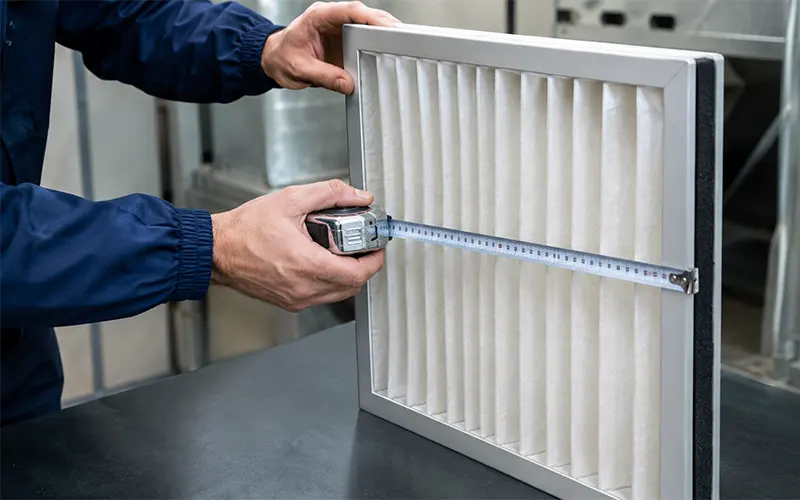Techniker prüft die tatsächlichen Abmessungen eines gefalteten HLK-Luftfilters.