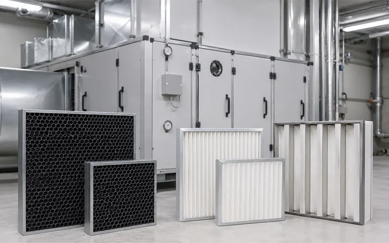 Aktivkohlefilter und starre Partikelfilter vor einer industriellen HLK-Anlage