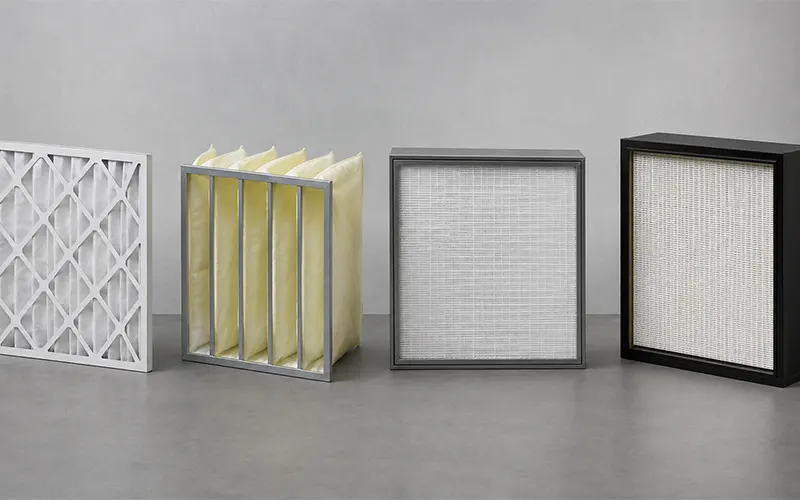 Gewerbliche Luftfilter für mehrstufige Luftfiltration mit Vorfilter, Taschenfilter und Kompaktfilter.