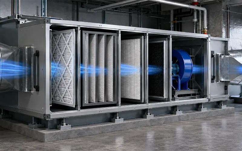 Mehrstufige HLK-Filtration mit Vorfilter, Feinfilter und Aktivkohlefilter in einem Gewerbegebäude.