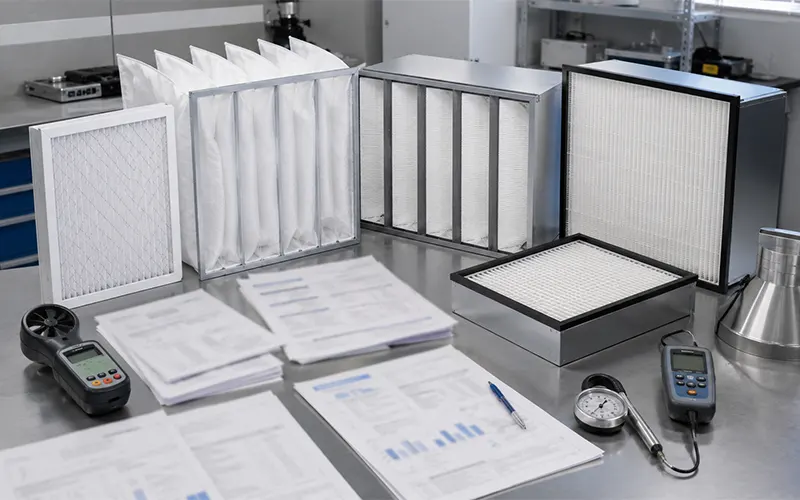 HLK-Luftfilter mit technischen Prüfberichten zu Effizienz, Volumenstrom und Druckverlust.