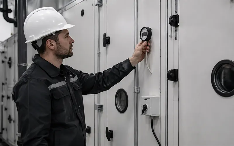 HLK-Techniker prüft die Differenzdruckanzeige eines mehrstufigen Luftfiltrationssystems.
