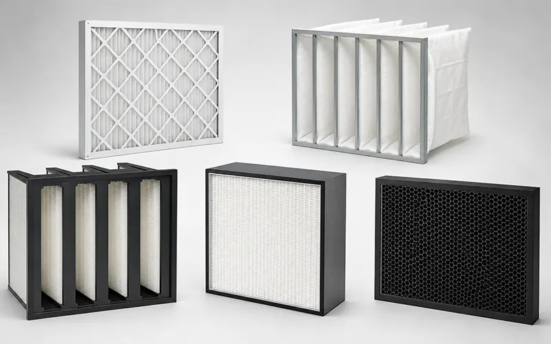Industrielle Luftfilter für mehrstufige Luftfiltration mit Vorfilter, Taschenfilter, Kompaktfilter und Aktivkohlefilter.