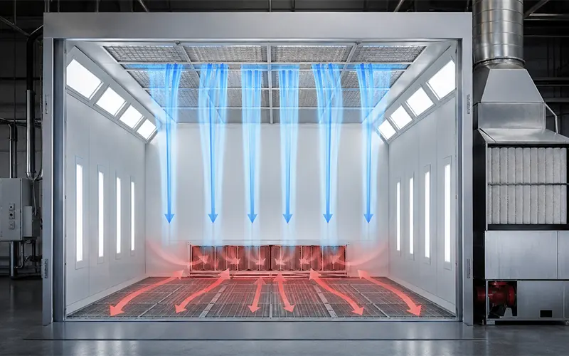 Darstellung der Zuluft- und Abluftströmung in einer Lackierkabine mit Filtersystem.
