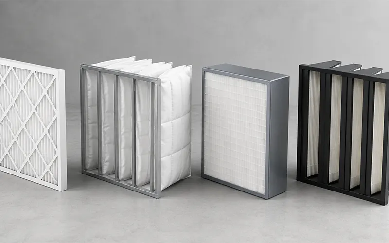 Plattenfilter, Taschenfilter, Kompaktfilter und V-Bank-Filter mit unterschiedlicher Konstruktion für HLK-Systeme.