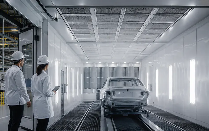 Moderne Automobil-Lackierkabine mit Deckenfiltern für Spritzlackieranwendungen.