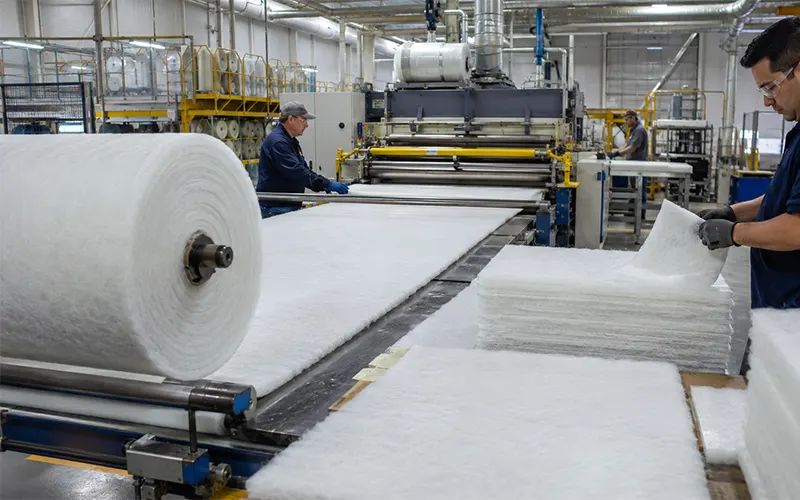 Mitarbeiter verarbeiten Glasfaser-Filtermedien zu Filtermatten für Farbnebelabscheider in einer industriellen Produktionsanlage.