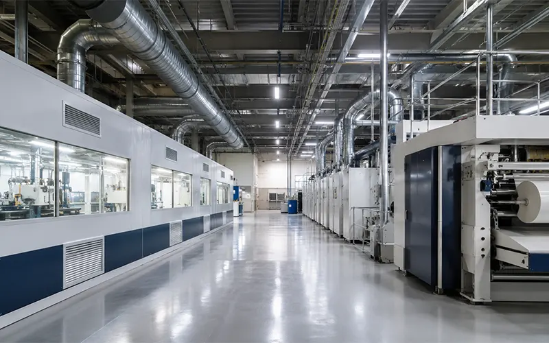 Produktionsbereich mit Maschinen und industrieller Lüftungsanlage