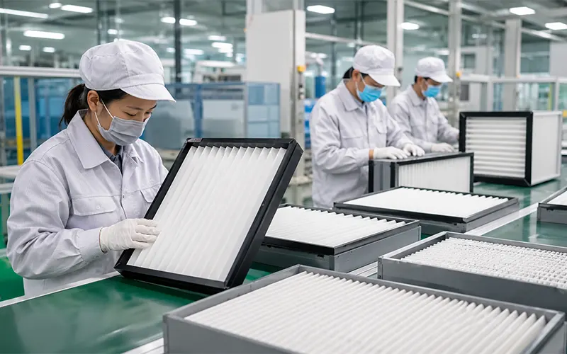 Mitarbeiter der Qualitätskontrolle prüfen plissierte Luftfilter in der Produktion.