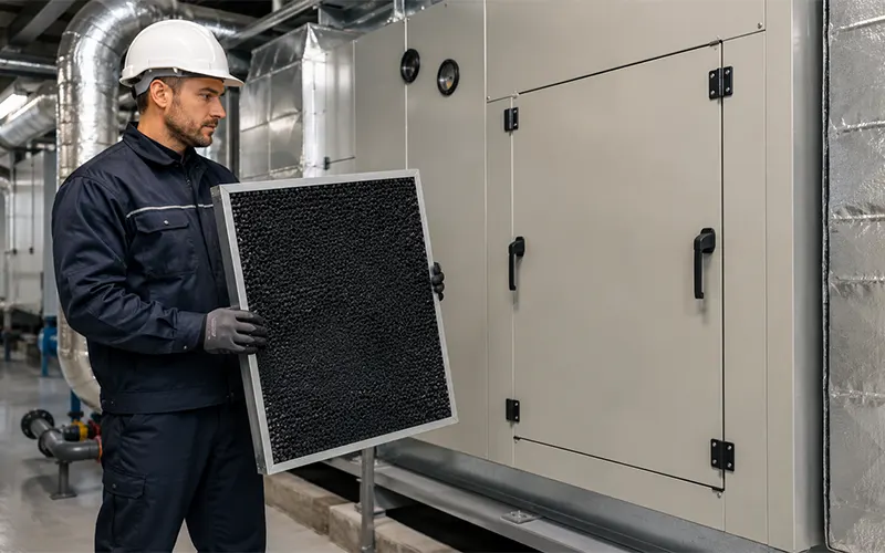 Techniker hält einen starren Aktivkohlefilter vor einer industriellen HLK-Anlage