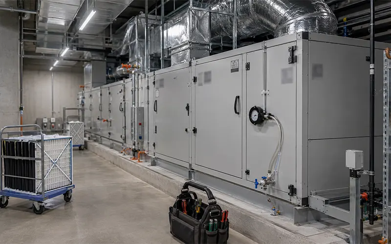 Gewerblicher HLK-Technikraum mit Lüftungsanlage und Luftfiltern.
