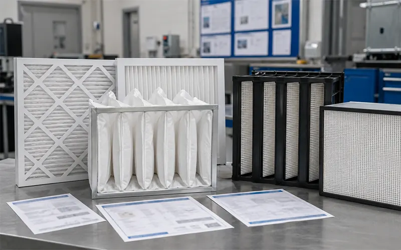 Verschiedene gewerbliche HLK-Luftfilter mit unterschiedlichen Bauformen und Filtermedien im Vergleich.