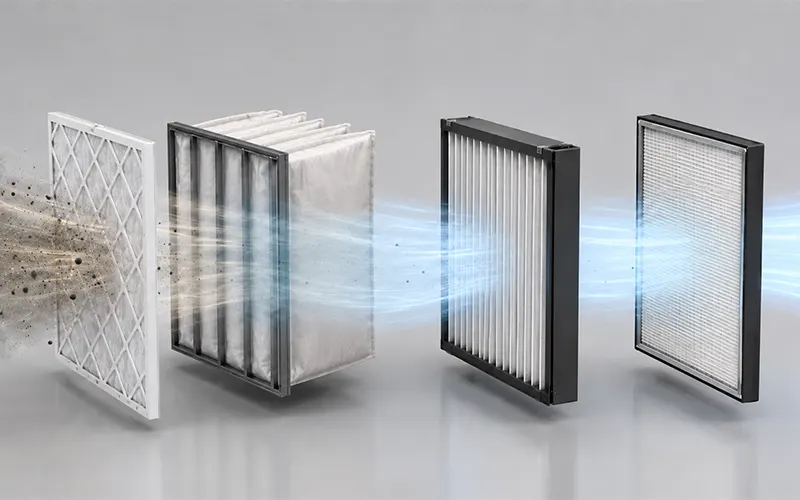 Verschiedene Luftfilterstufen in der Reihenfolge einer mehrstufigen Filtration für ein HLK-System.