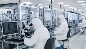 Halbleiterfertigung im Reinraum mit Mitarbeitern und automatisierten Produktionsanlagen