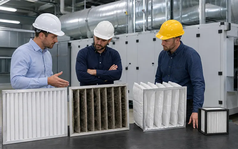 HLK-Ingenieure vergleichen einen sauberen mit einem staubbeladenen Luftfilter.
