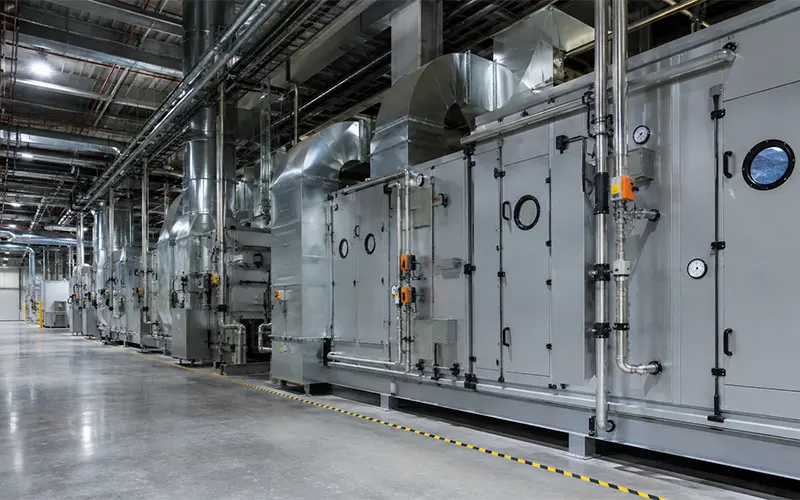 Große Produktionsanlage mit industriellen Lüftungs- und Luftfiltrationssystemen.
