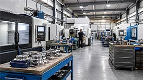 Metallverarbeitungs- und Fertigungshalle mit CNC-Maschinen und Metallbauteilen
