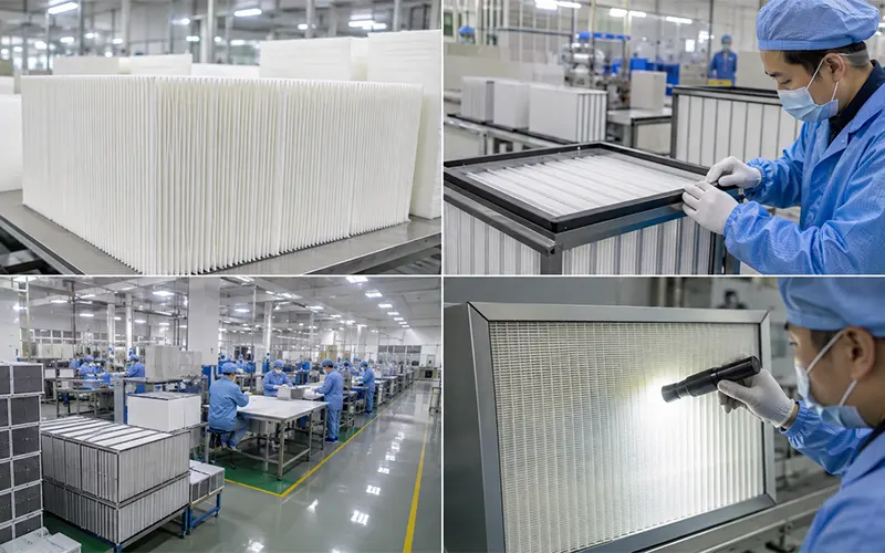 Fertigung und Prüfung von Mini-Pleat-HEPA-Filtern bei Clean-Link.