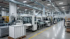 Moderne Produktionslinie in einer Industriehalle mit Förderband, Maschinen und Mitarbeitern