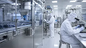 Pharmazeutische und biotechnologische Produktionsumgebung mit Mitarbeitern in Reinraumkleidung