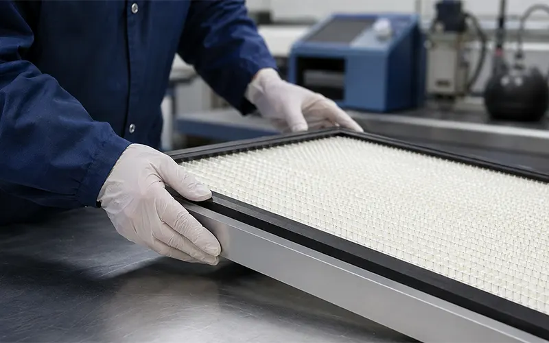 Técnico inspeccionando un filtro HEPA rígido en Clean-Link.
