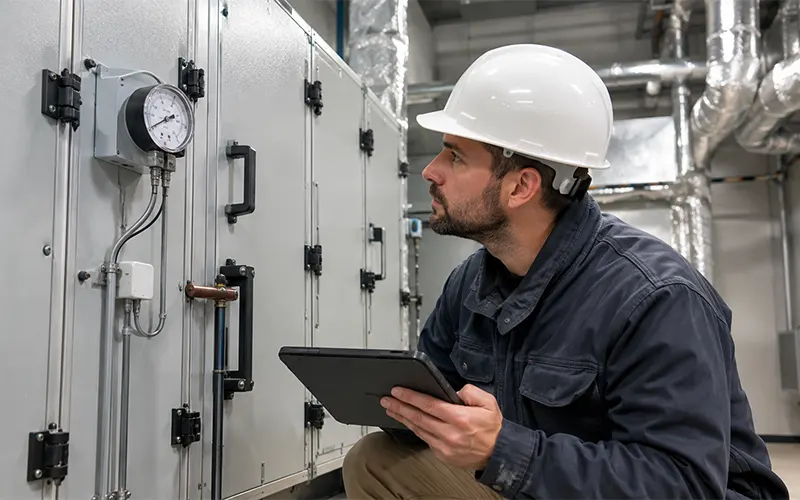 Industrietechniker mit Helm und Tablet bei der Inspektion einer Luftfiltrationsanlage und der Ablesung eines Manometers.