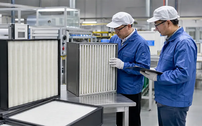 Techniker prüfen einen HEPA-Filter beim Hersteller.