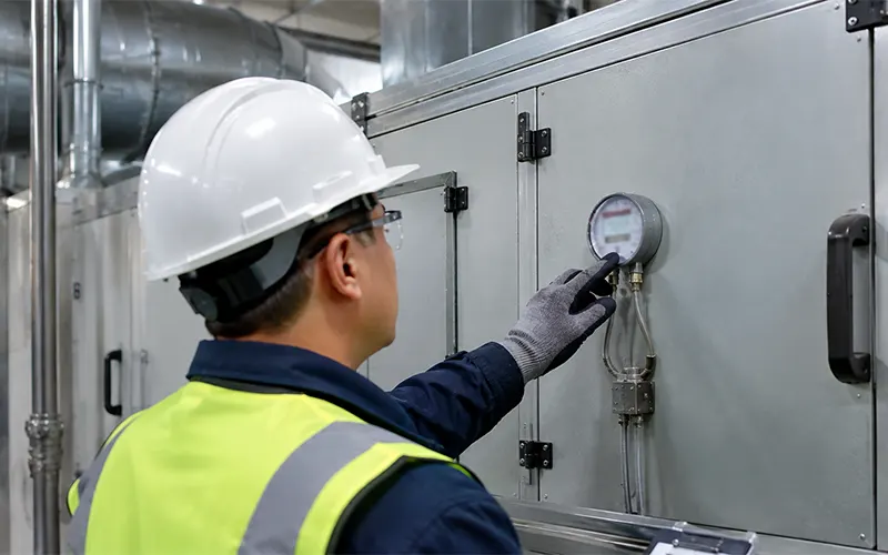 Techniker kontrolliert den Differenzdruck eines industriellen Luftfiltersystems.