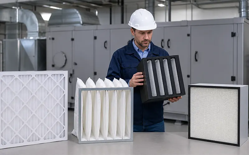 Techniker prüft verschiedene Luftfiltertypen für ein HLK-System.