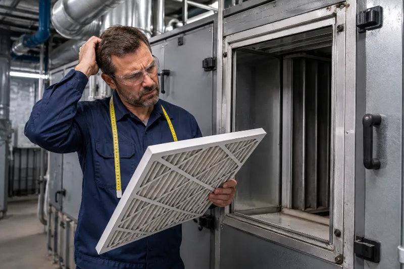 Techniker mit Zollstock prüft die Passgenauigkeit eines maßgefertigten Luftfilters in einer Industrieanlage.