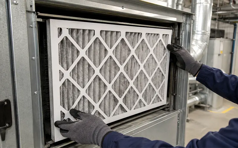 Techniker prüft die Passgenauigkeit eines rechteckigen HLK-Filters, um Bypass-Leckagen am Filterrahmen zu vermeiden.