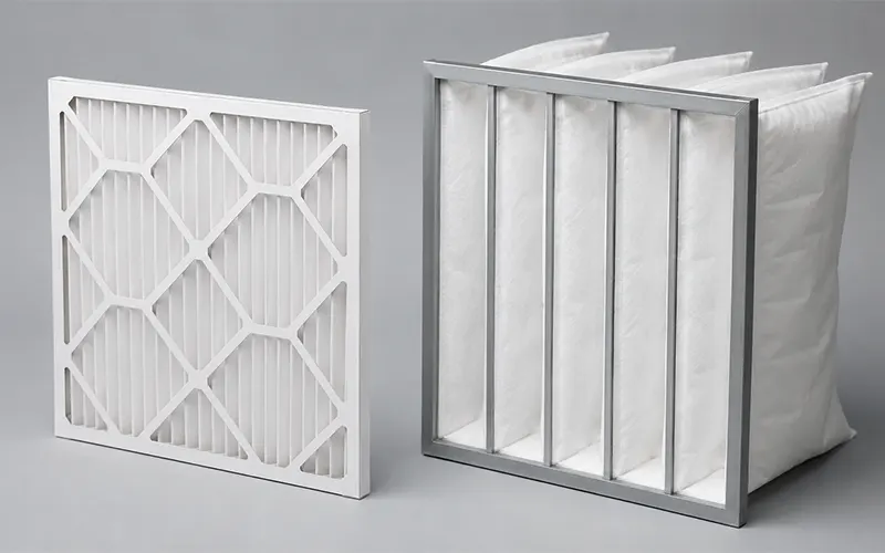 Zwei HLK-Luftfilter mit gleichen Frontabmessungen, aber unterschiedlicher Bauform und Filtermedienfläche.