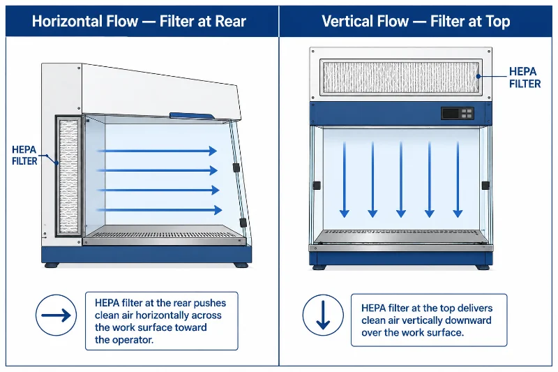 Schematischer Vergleich horizontaler und vertikaler Laminar-Flow-Reinluftwerkbänke mit HEPA-Filterposition und Luftstromrichtung.