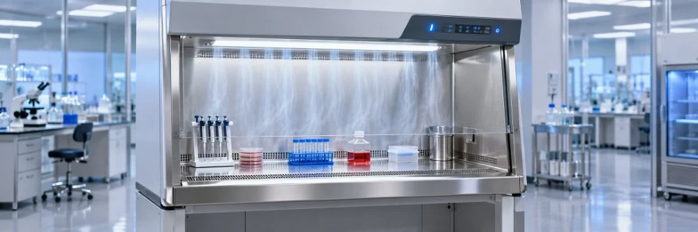 Mikrobiologische Sicherheitswerkbank der Klasse II mit vertikalem Luftstrom und Laborproben im Arbeitsbereich.