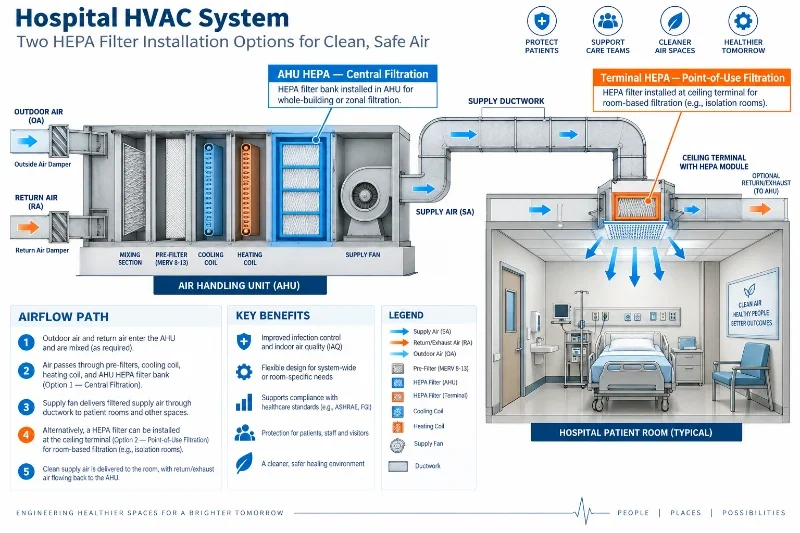 Krankenhaus-HLK-System mit HEPA-Filtration im RLT-Gerät und Terminal-HEPA-Filter im Patientenzimmer