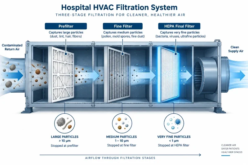 Dreistufige Filtration im Krankenhaus-HLK-System mit Vorfilter, Feinfilter und HEPA-Endfilter