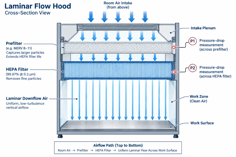 Technisches Schnittbild einer vertikalen Laminar-Flow-Haube mit Vorfilter, HEPA-Filter, Druckverlust-Messpunkten P1 und P2 sowie vertikalem Luftstrom über der Arbeitsfläche.