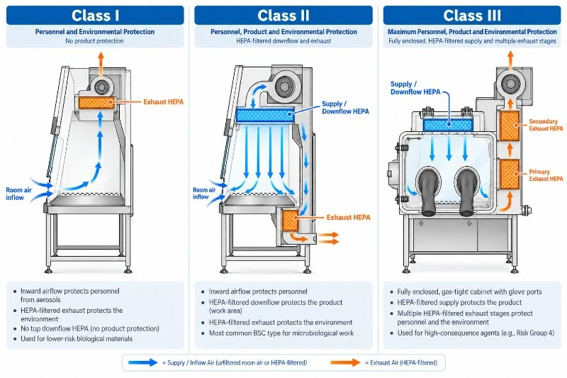 Vergleich mikrobiologischer Sicherheitswerkbänke der Klassen I, II und III mit schematischer Darstellung der Luftströmung und HEPA-Filtration.