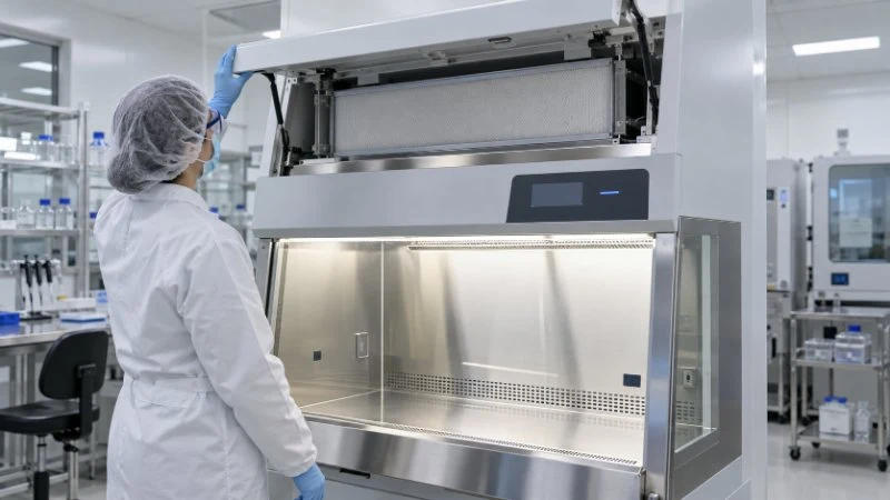 Laborfachkraft öffnet die obere Wartungsklappe einer mikrobiologischen Sicherheitswerkbank und legt den Filterbereich für eine Inspektion frei.
